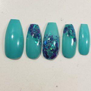 Custom Gel Press on Nails Handmade 10 pc set teal purple chunky glitter coffin